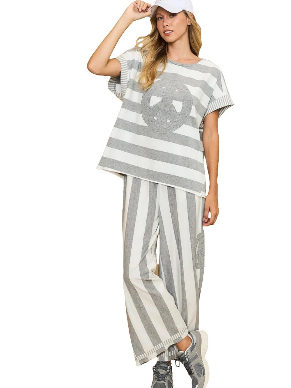 Striped Two-Piece Lounge Set with Peace Motif - Gray & White - NWT